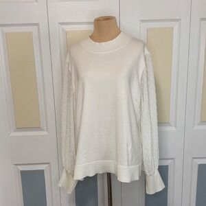 Vince Camuto Womens XXL Antique White Mock Neck Swiss Dot Sheer Sleeve Sweater